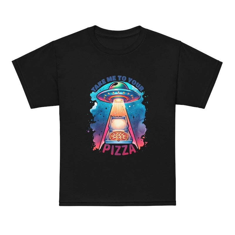 Black t-shirt with a colorful UFO and pizza graphic on a white background