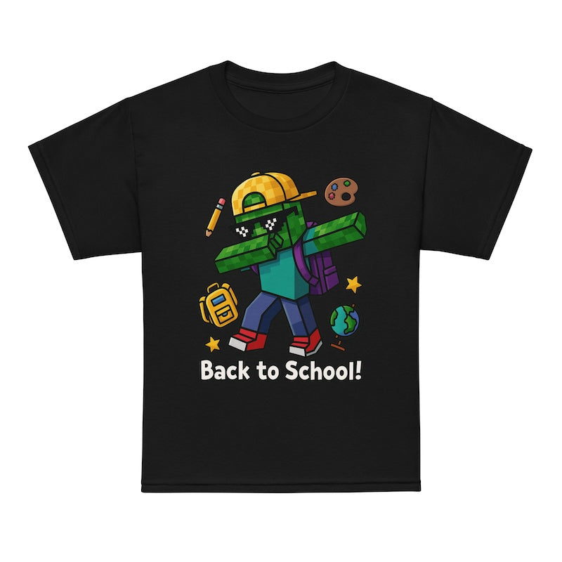 Black t-shirt with a cartoon character and 'Back to School!' text on a white background
