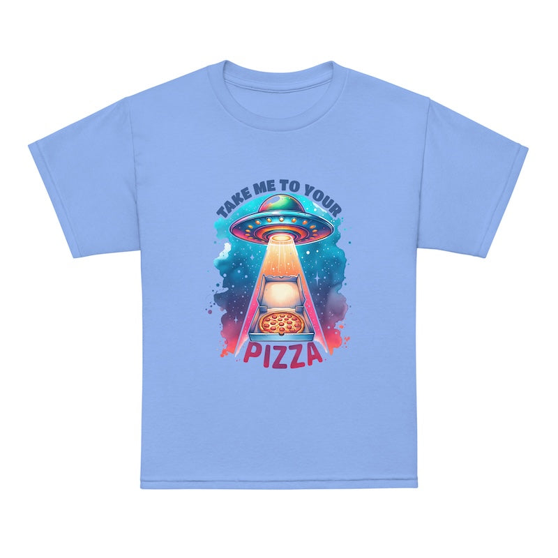 Light blue t-shirt with a UFO and pizza graphic and text on a white background