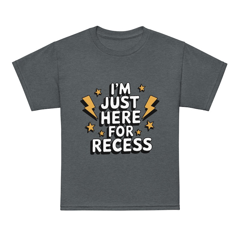 Gray t-shirt with 'I'm just here for recess' text and graphics on a white background