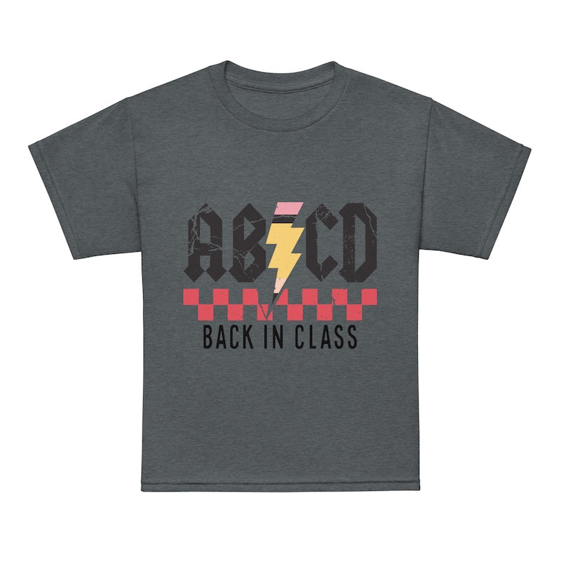 Gray t-shirt with 'ABCD Back in Class' design featuring a lightning bolt on a white background