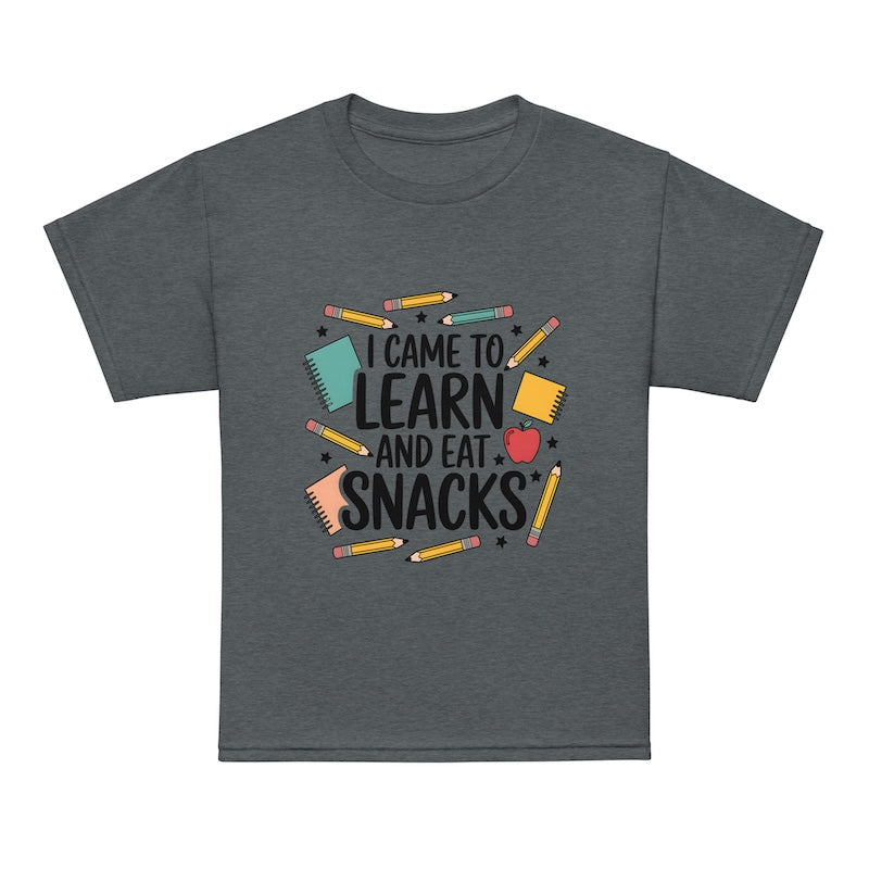 Gray t-shirt with educational-themed design on a white background