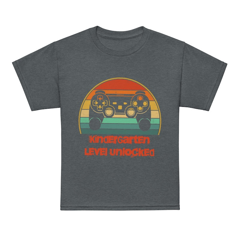 Gray t-shirt with a colorful graphic and text 'Kindergarten Level Unlocked' on a white background