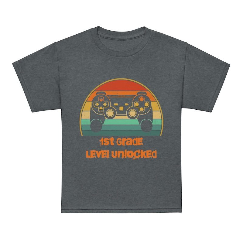 Gray t-shirt with a colorful graphic and text on a white background