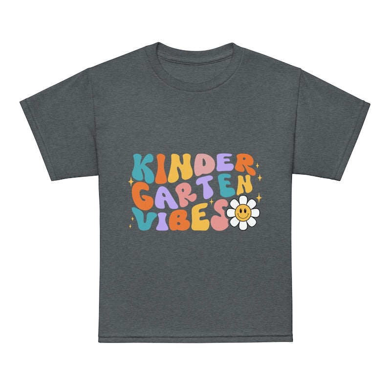 Gray t-shirt with colorful 'Kindergarten Vibes' text and a flower graphic on a white background