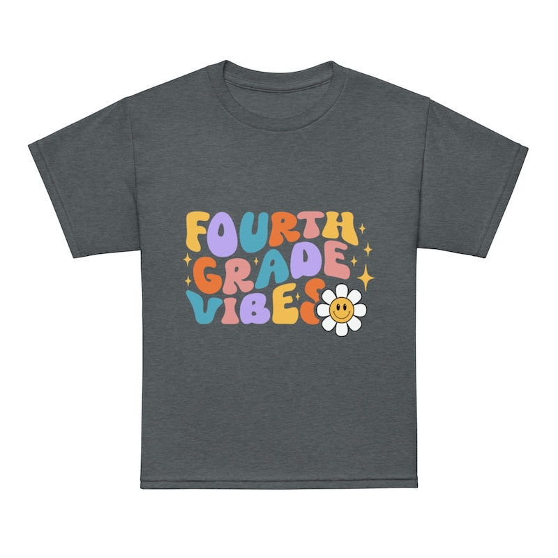 Gray t-shirt with 'Fourth Grade Vibes' text and a flower graphic on a white background