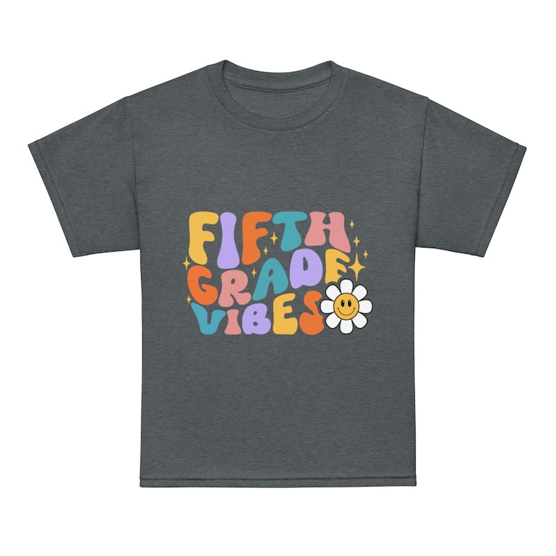 Gray t-shirt with colorful 'Fifth Grade Vibes' text and a flower graphic on a white background