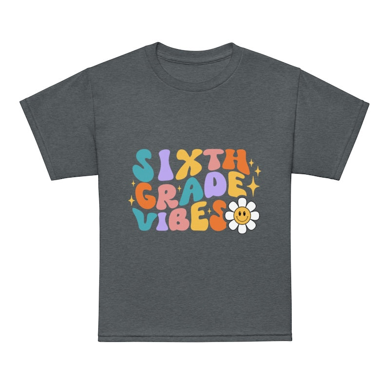 Gray t-shirt with colorful 'Sixth Grade Vibes' text and a flower graphic on a white background