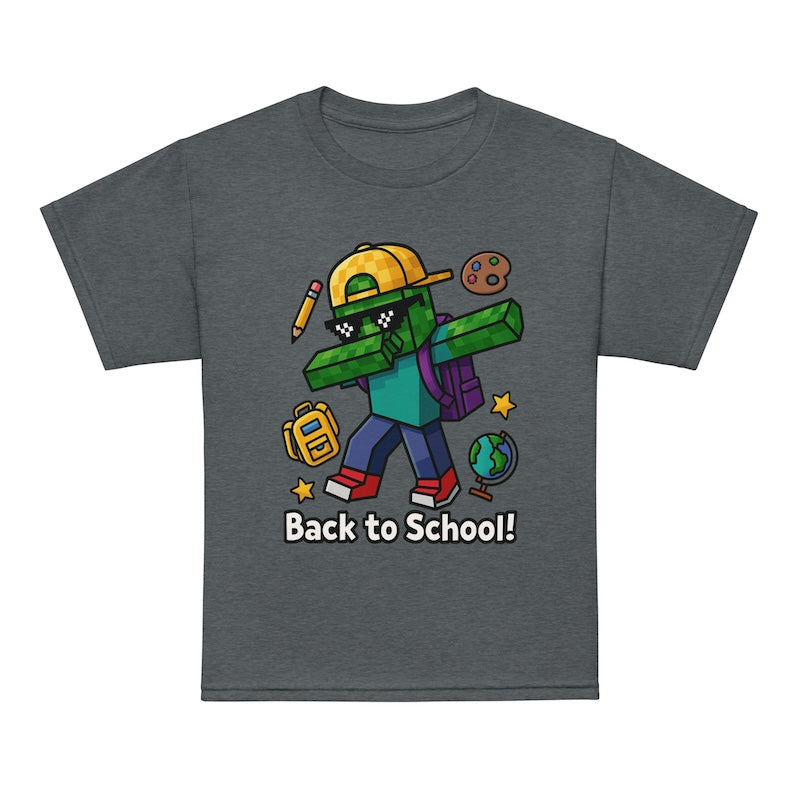 Gray t-shirt with a cartoon character and 'Back to School!' text on a white background