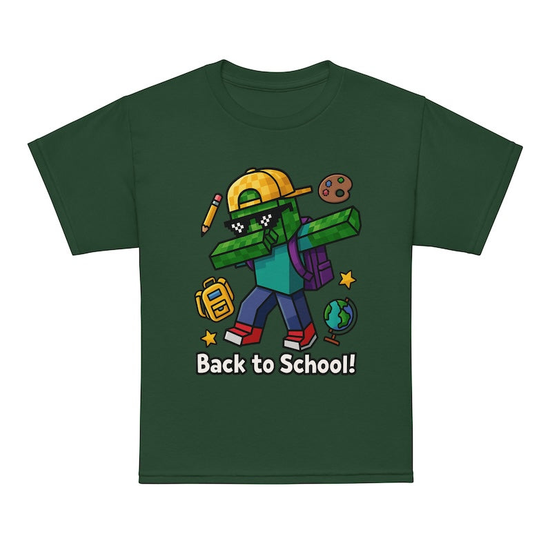 Green t-shirt with a cartoon character and 'Back to School!' text on a white background