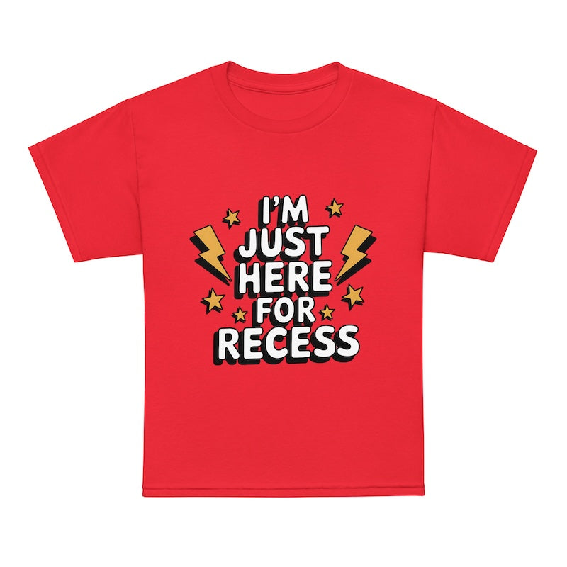 Red t-shirt with 'I'm just here for recess' text design on a white background