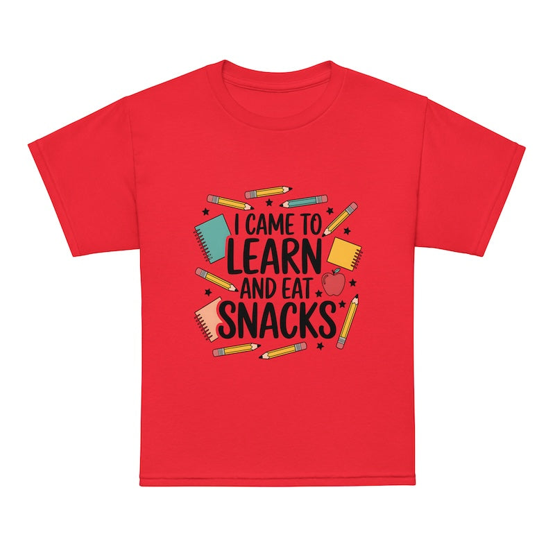Red t-shirt with educational-themed design on a white background