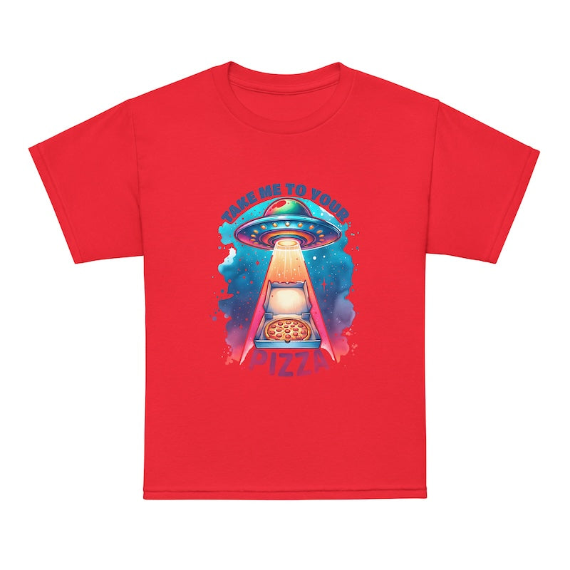 Red t-shirt with a UFO graphic and text 'Take me to your...' on a white background