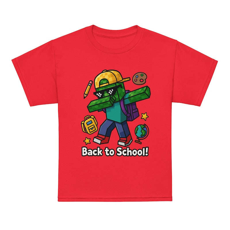 Red t-shirt with a cartoon character and 'Back to School!' text on a white background