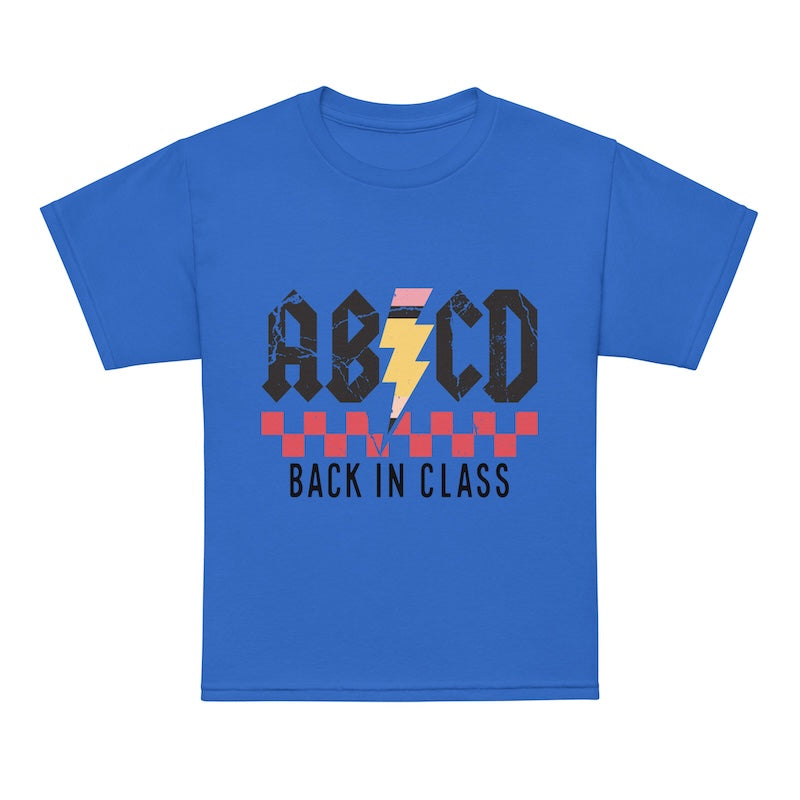 Blue t-shirt with 'ABCD Back in Class' design on a white background
