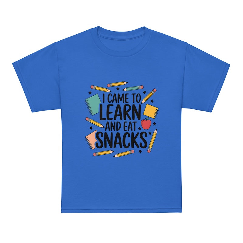 Blue t-shirt with educational-themed design and text on a white background