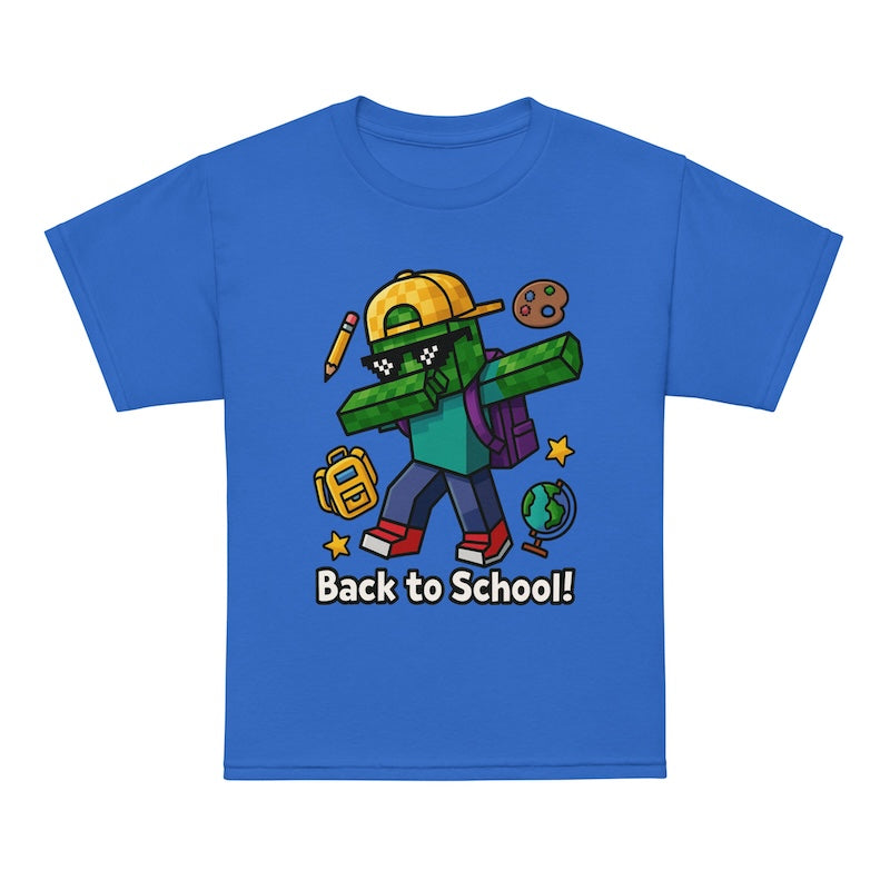 Blue t-shirt with a cartoon character and 'Back to School!' text on a white background