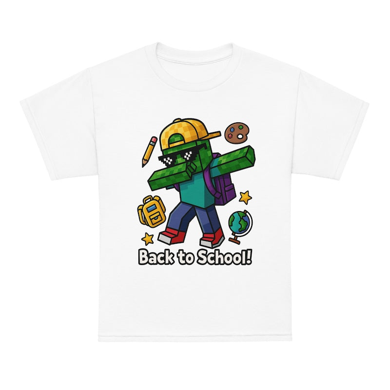 White t-shirt with a cartoon character and 'Back to School!' text on a white background
